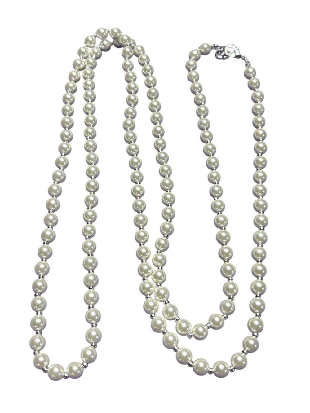 Glass Faux Pearl Beaded Necklace Silvertone Spacer Beads Lobster Clasp 42 inch